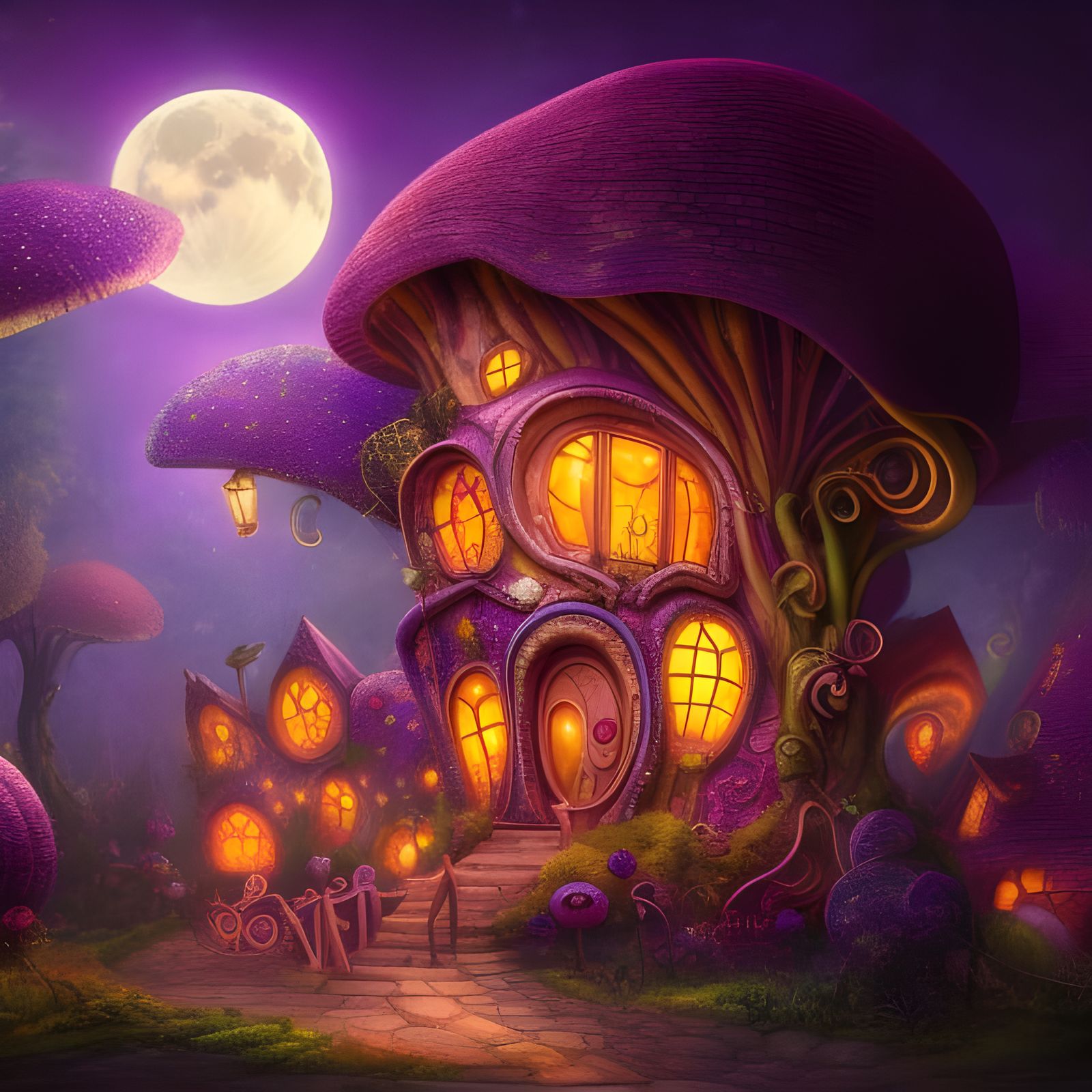Enchanted Purple Mushroom House in Whimsical Forest