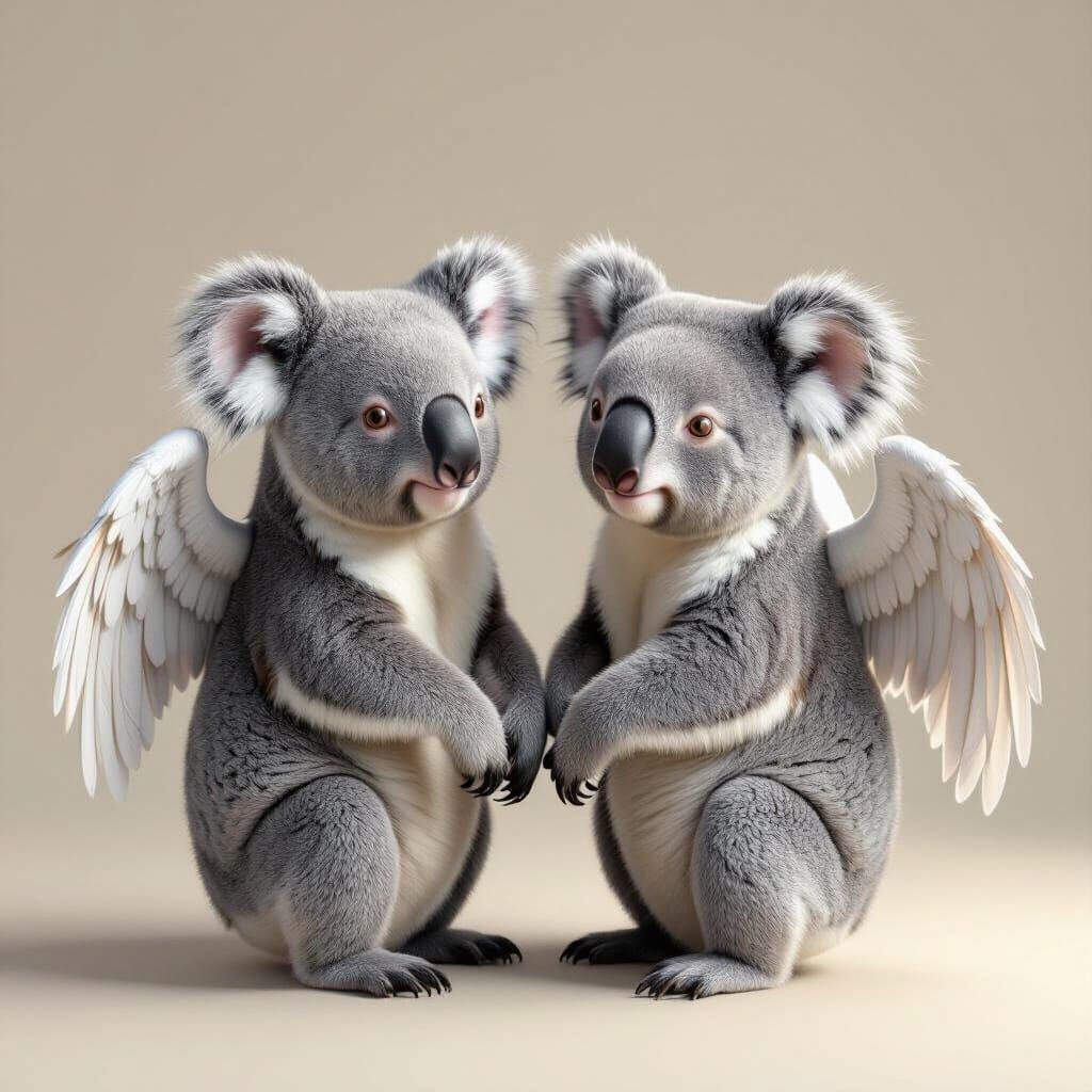 Whimsical Koalas with Feathered Wings Floating in Studio
