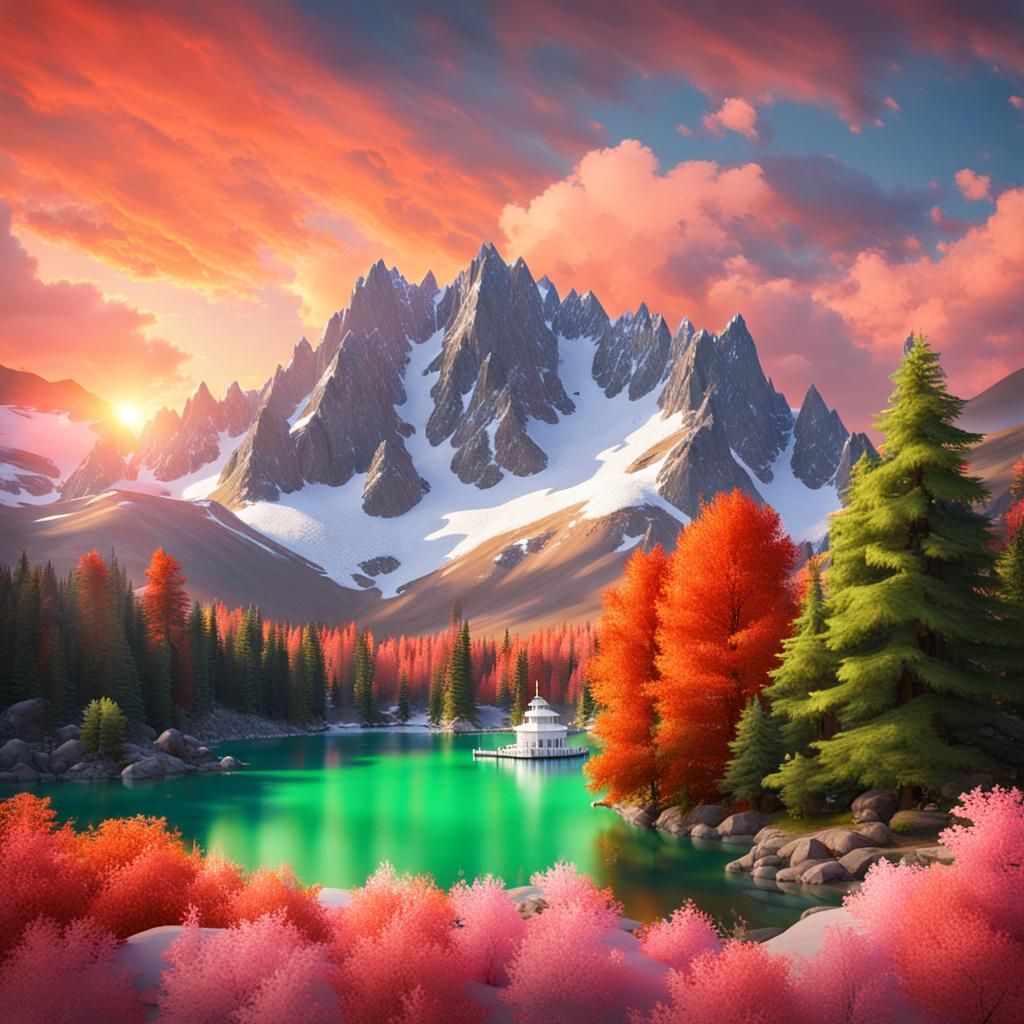 Mountain Lake Sunset with Colorful Trees
