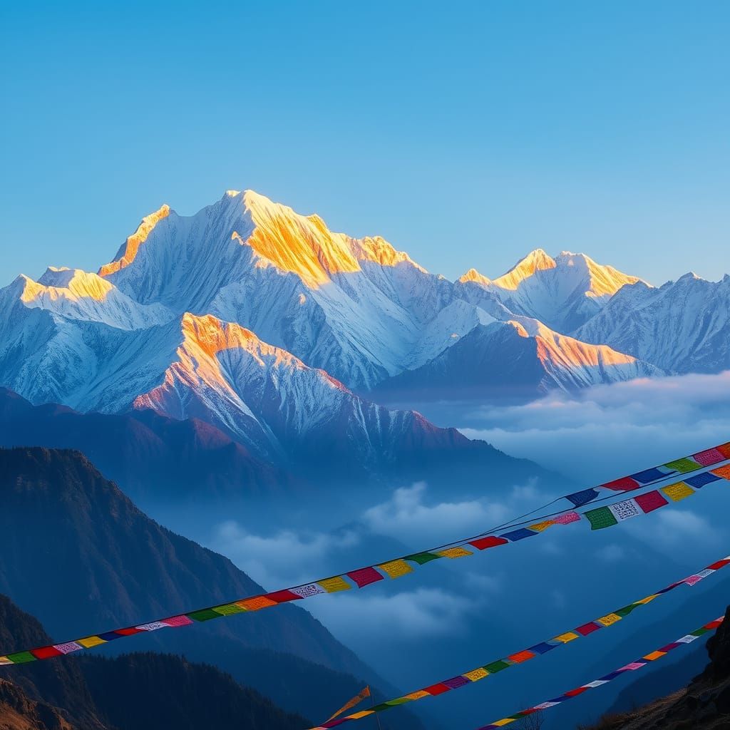 Majestic Himalayan Sunrise with Golden Peaks and Prayer Flag...