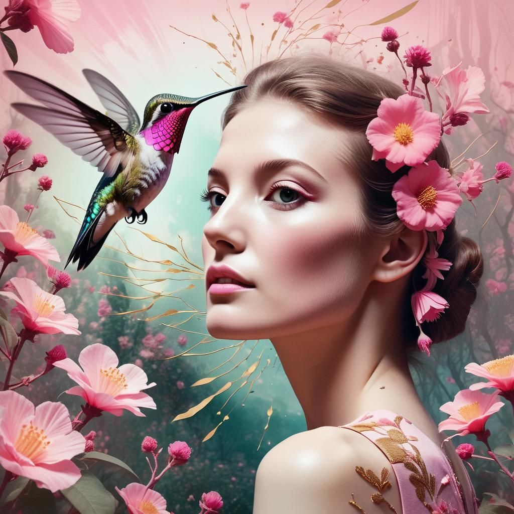 Pink Hummingbird Double Exposure: Surreal Art