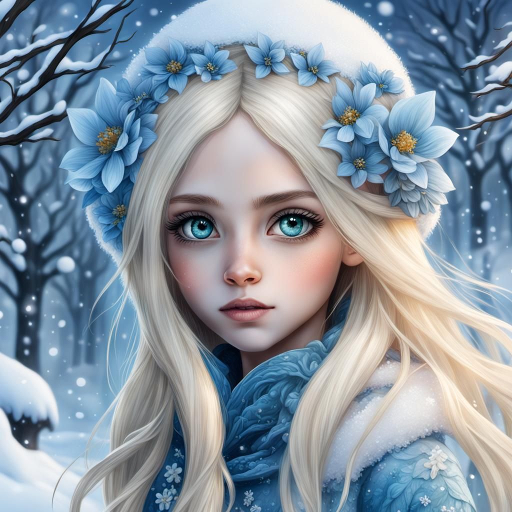 Enchanting Portrait of Girl Walking in Winter Snow