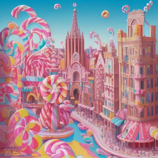 Barcelona Paper Cut Illustration in Candy Art Style