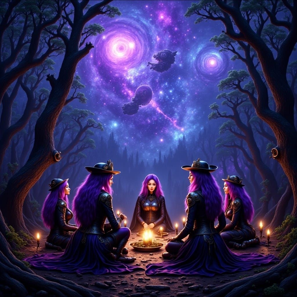 Steampunk Witches' Ritual in Alien Forest