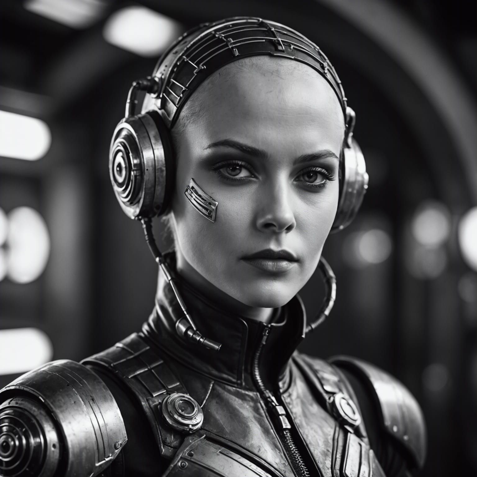 Retro-Futuristic Portrait of a Woman in Monochrome