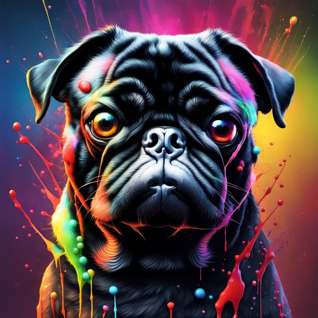 Rainbow Ink Splatter Black Pug in Detailed Painting