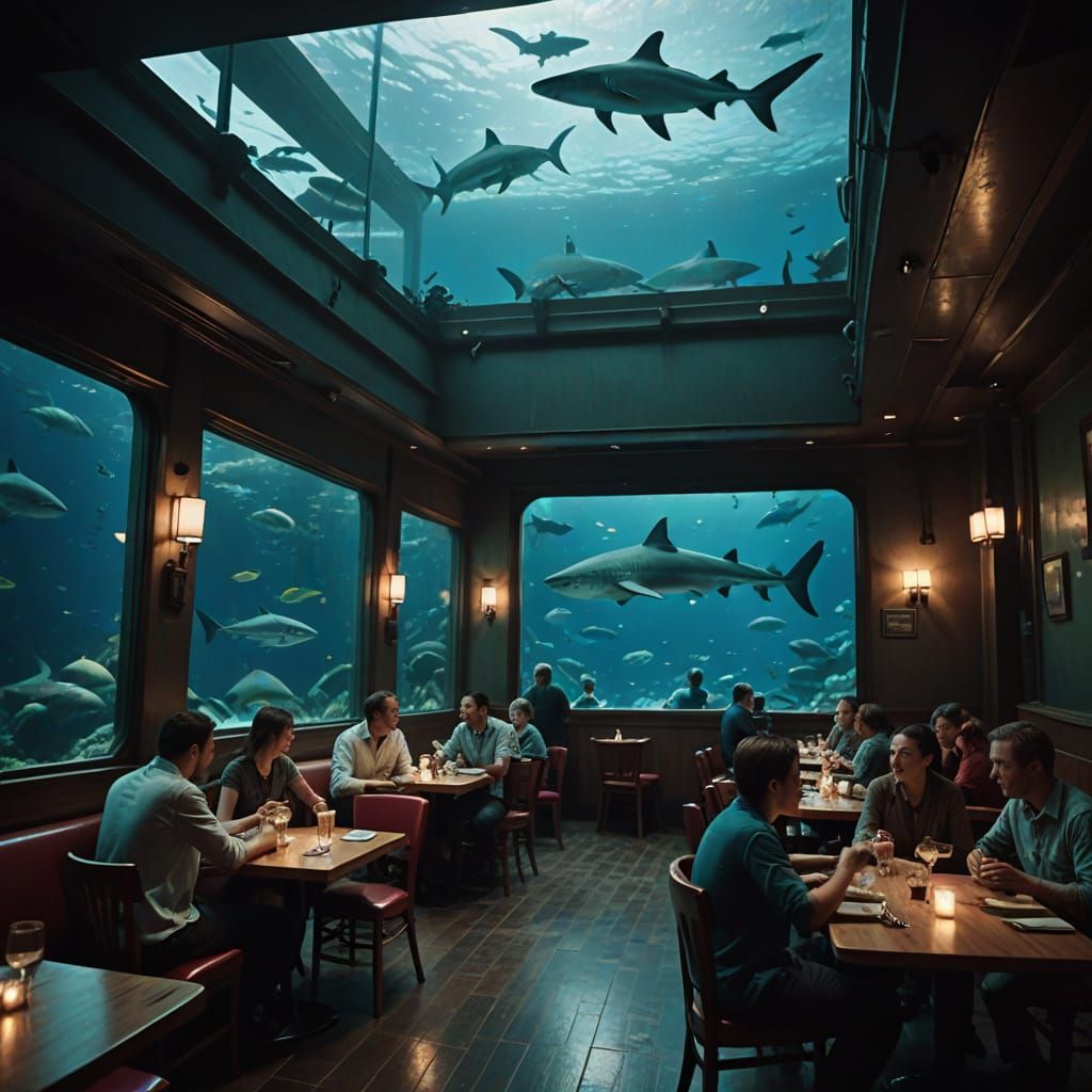 Dramatic Restaurant Scene with Shark Aquarium