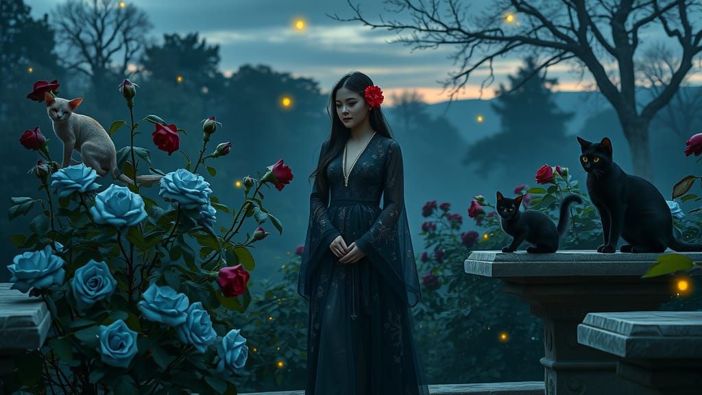 Mystical Rose Garden with Woman and Exotic Cats