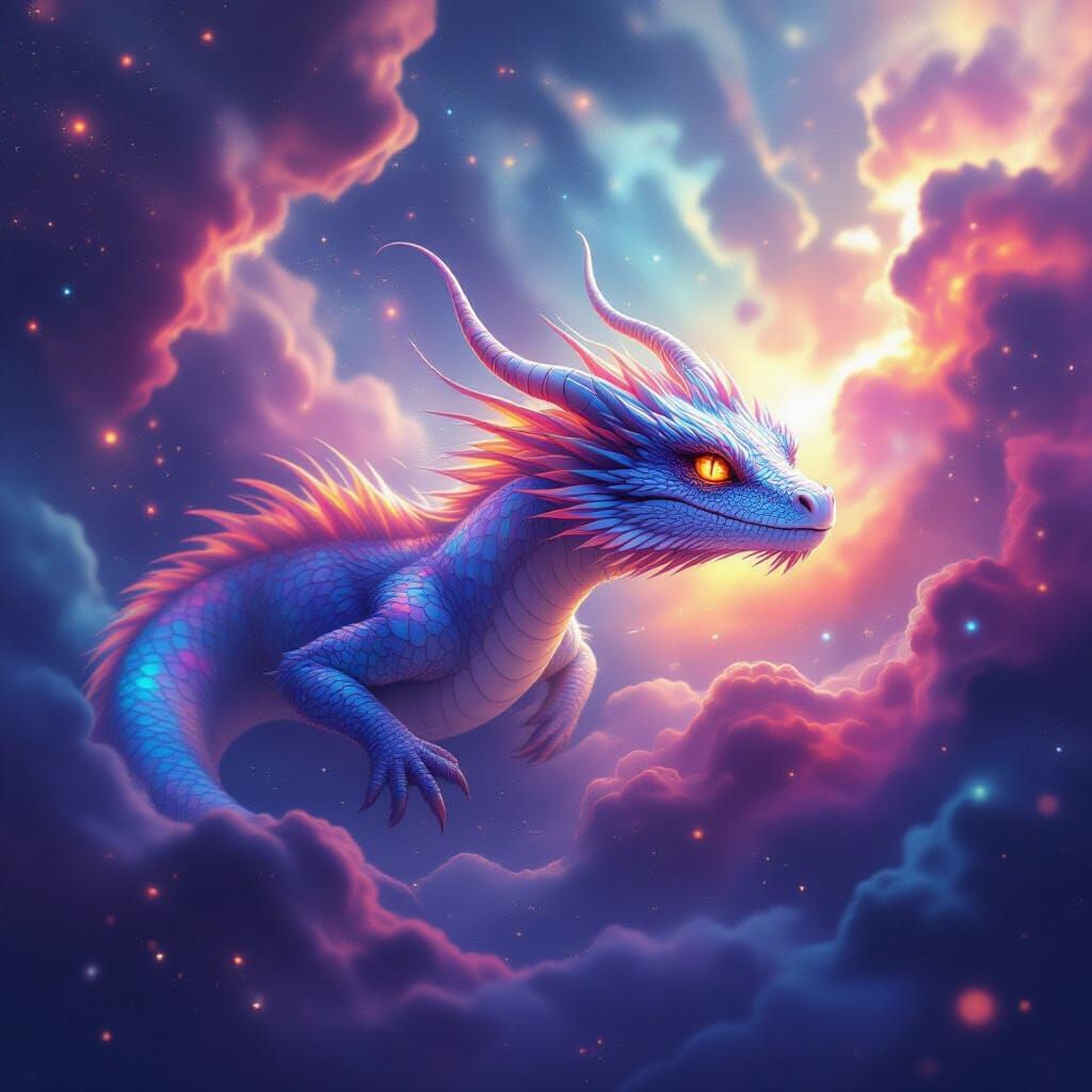 Ethereal Water Dragon in Nebula, Dreamlike Digital Art