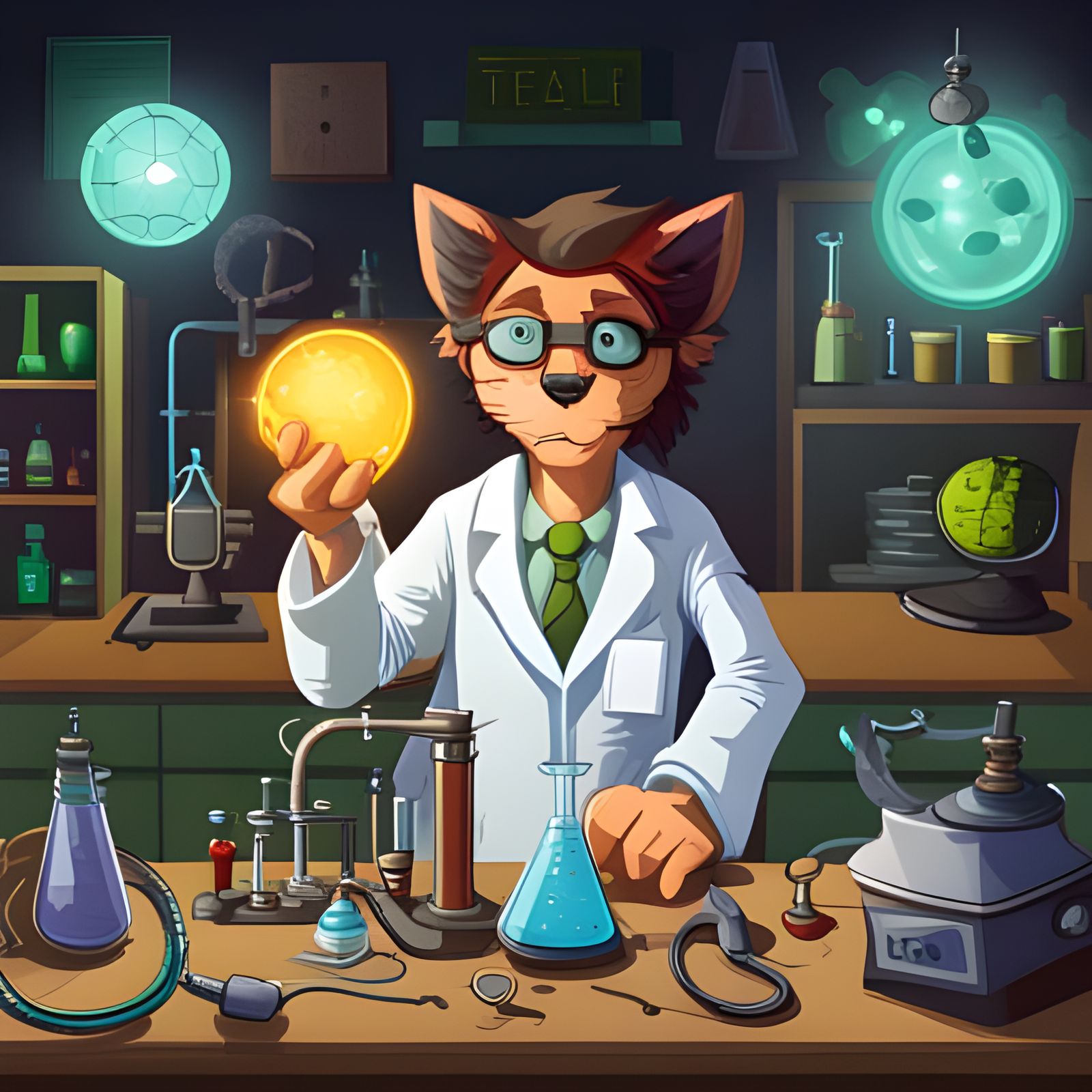 Mad Scientist's Lab with Bubbling Beakers and Cat