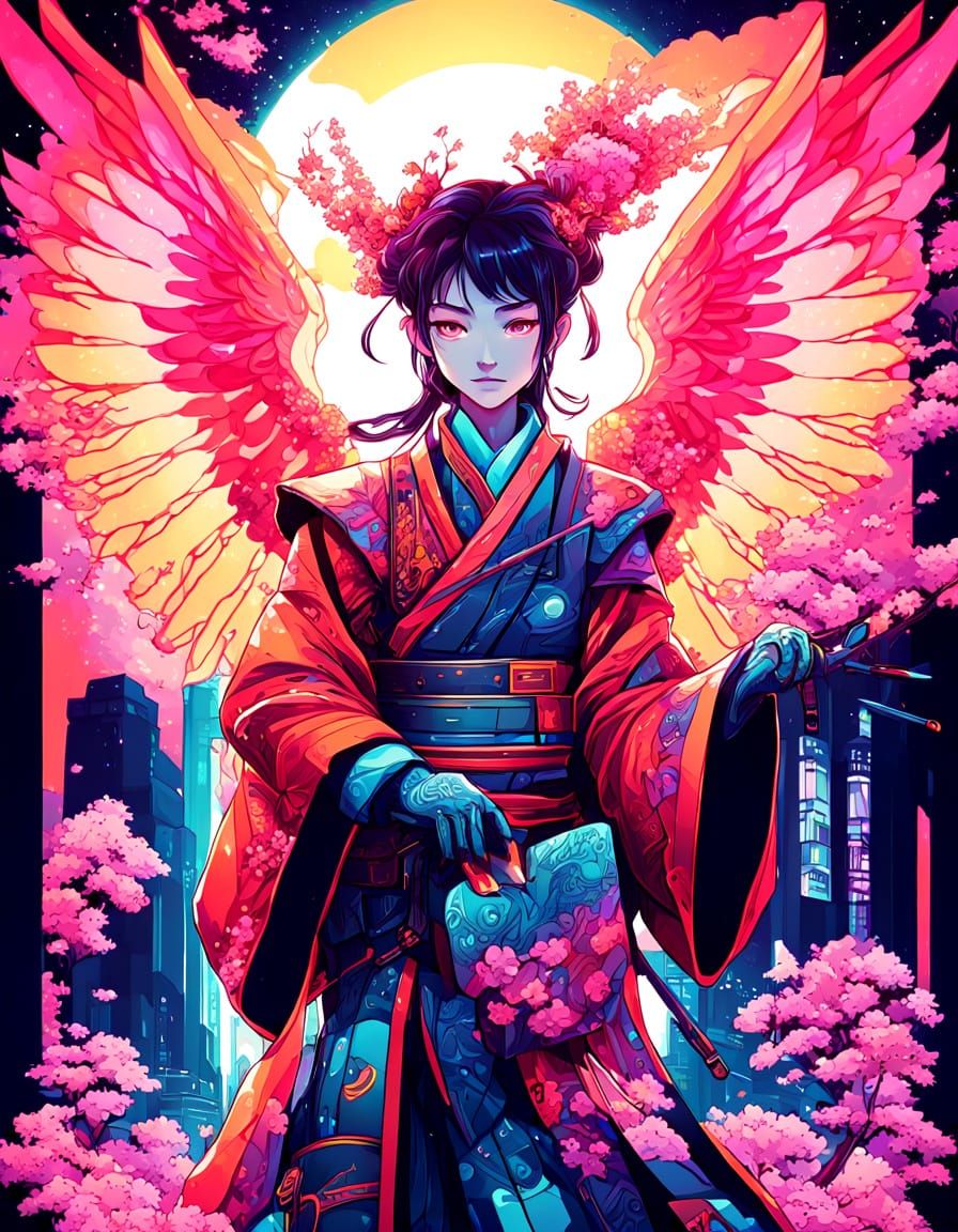 Cyberpunk Samurai Goddess in Neon City
