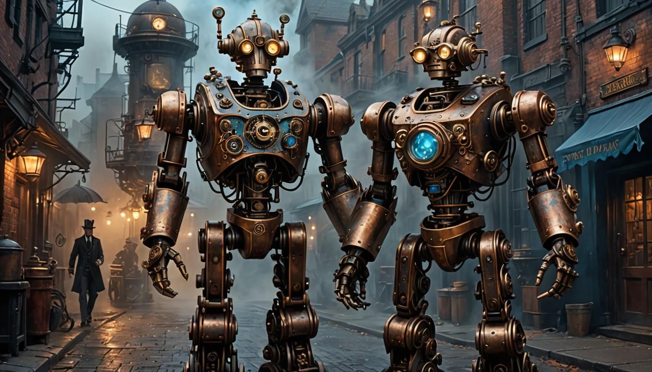 Steampunk Robot Concept Art in Foggy Alley