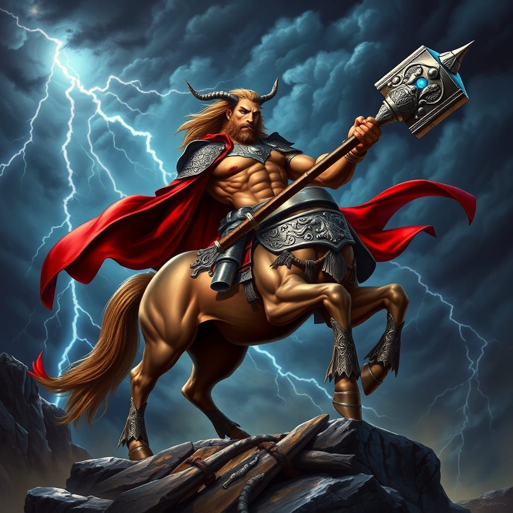 A muscular, majestic centaur clad in ornate, silver-trimmed armor adorned with intricate, Celtic-inspired engravings and...