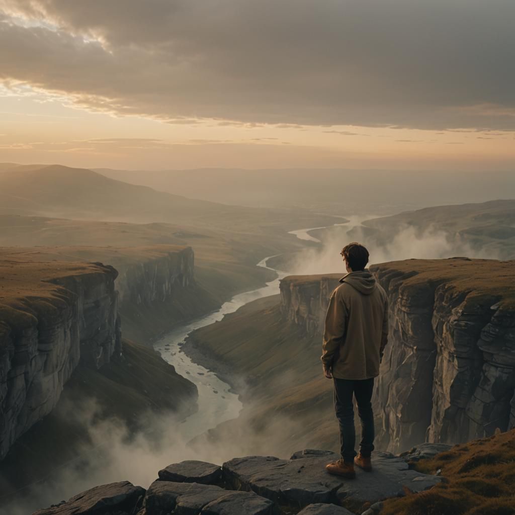 Solitary Figure Overlooks Misty Landscape, Cinematic Acrylic