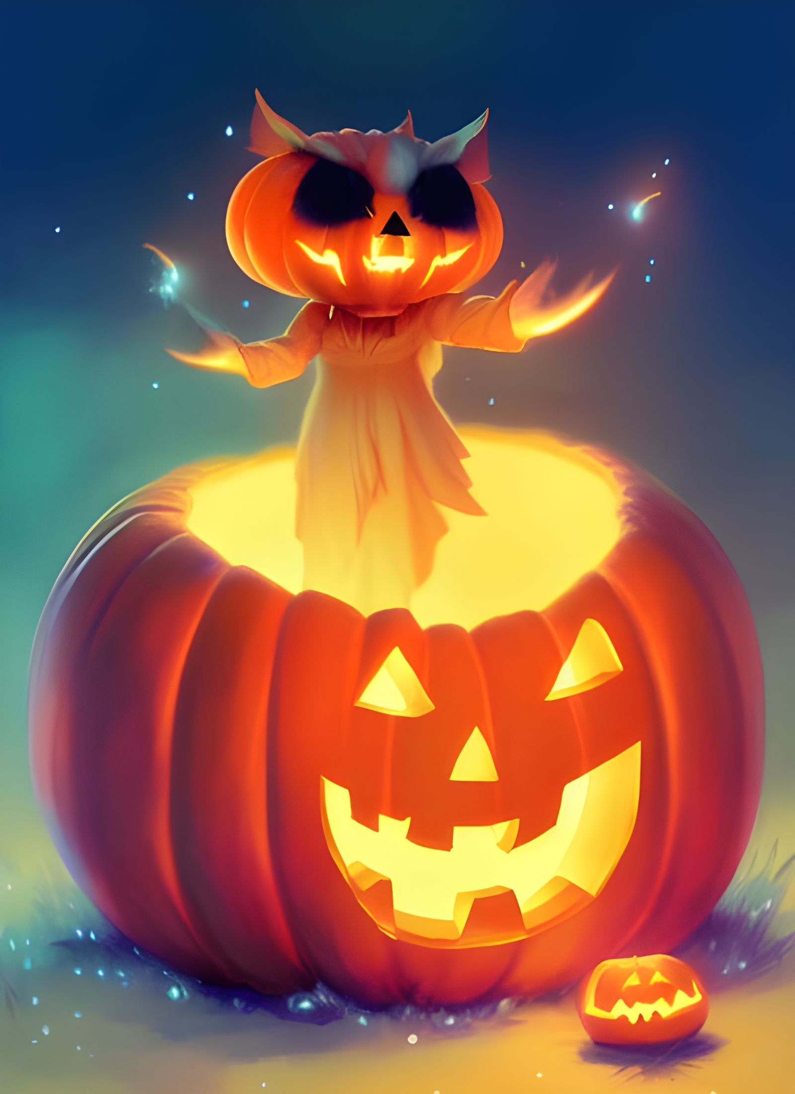 Flame Spirit in Jack-o'-Lantern: Digital Illustration