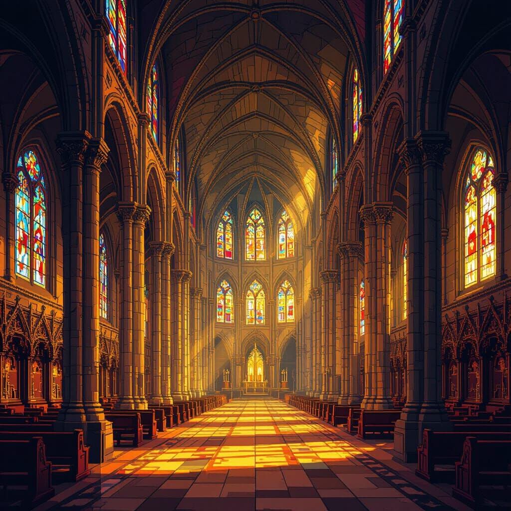 Pixel Art Cathedral Interior with Golden Light