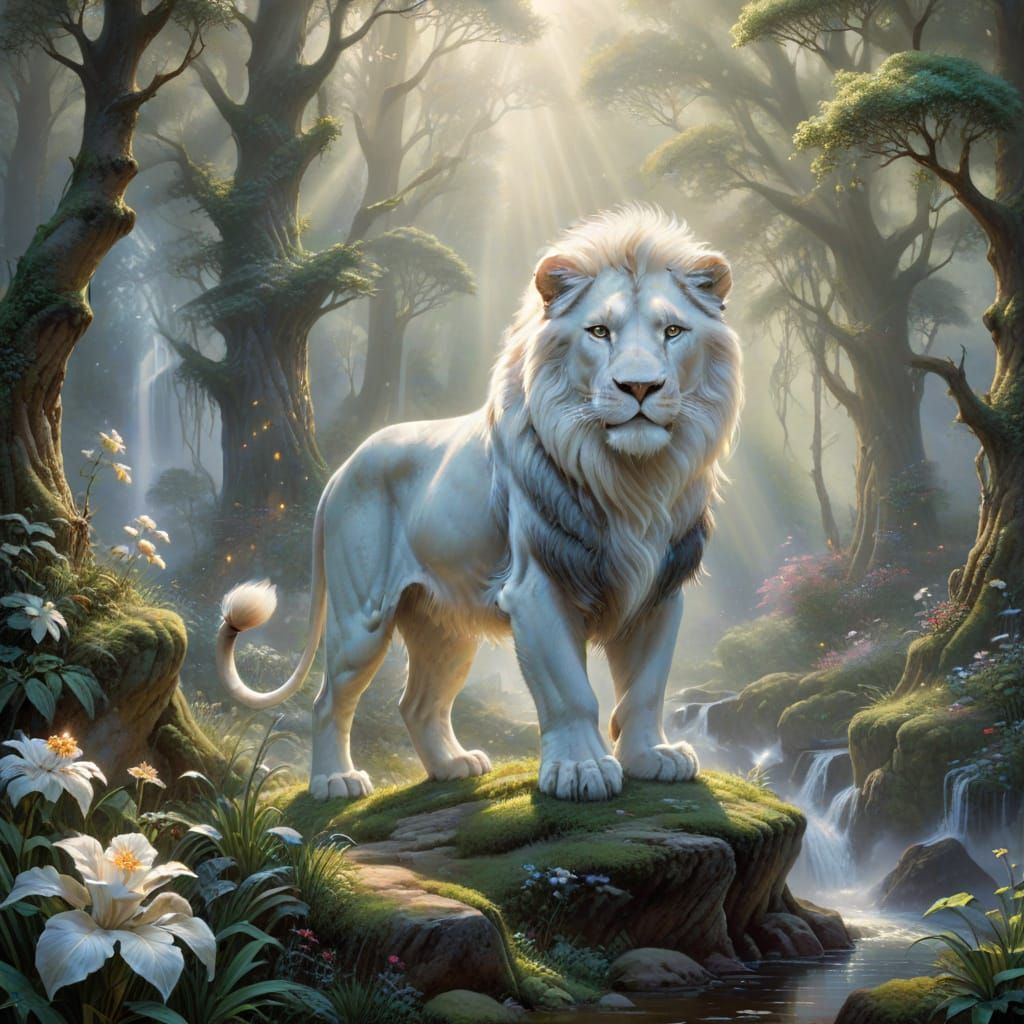 Majestic White Lion in Ethereal Fantasy Forest