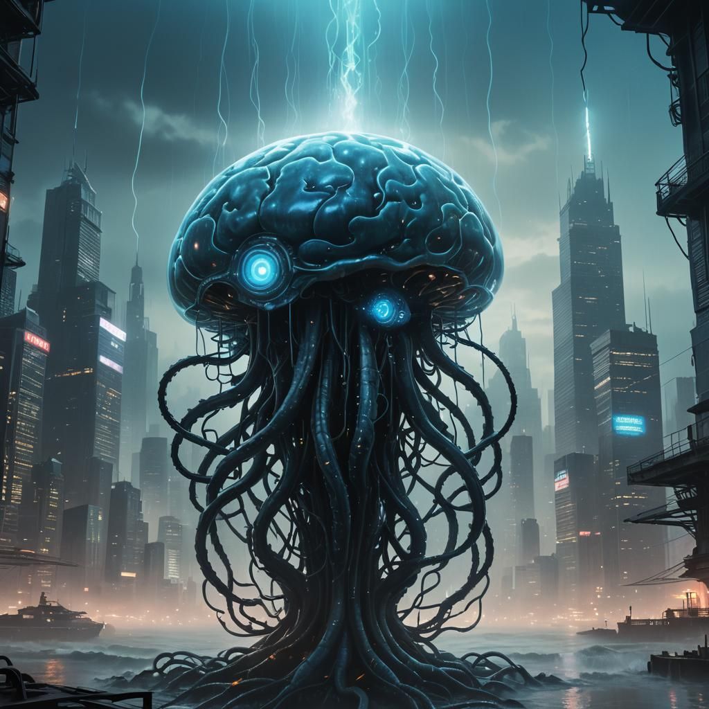 Cyberpunk Brain with Bioluminescent Eye