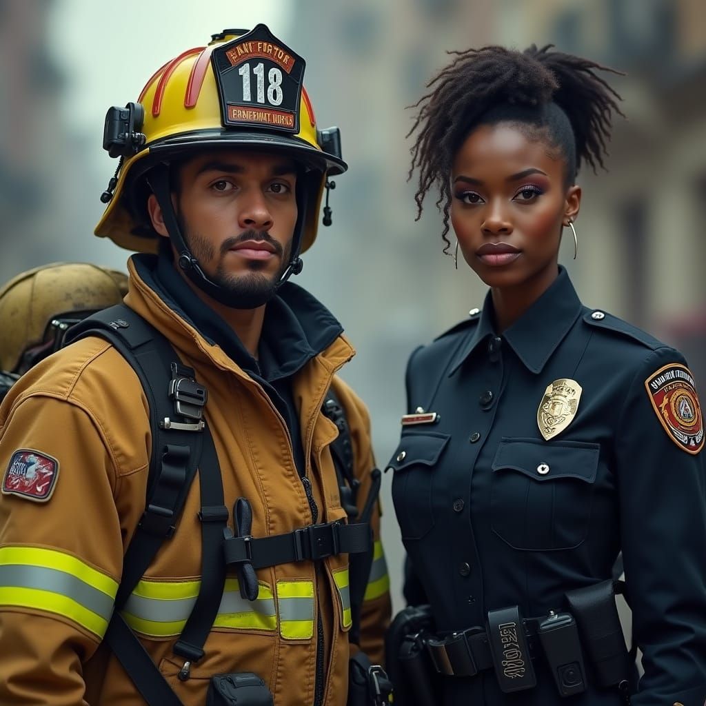 Firefighter and Police Sergeant in Cinematic Lighting