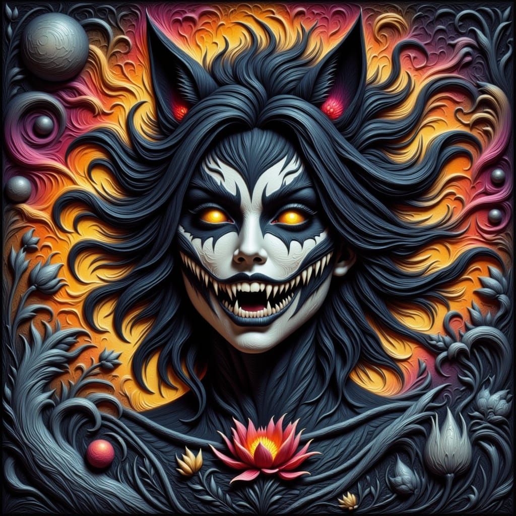 Cosmic Wolf Goddess with Bared Fangs