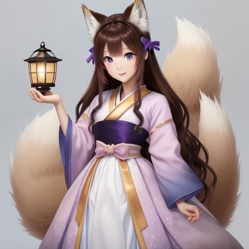 Anime Kitsune Umi with Prismatic Lantern in Dreamy Landscape