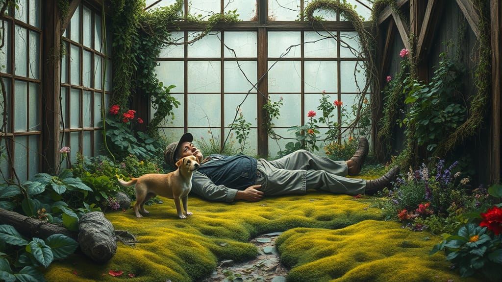 Weathered Gardener Resting in Overgrown Greenhouse