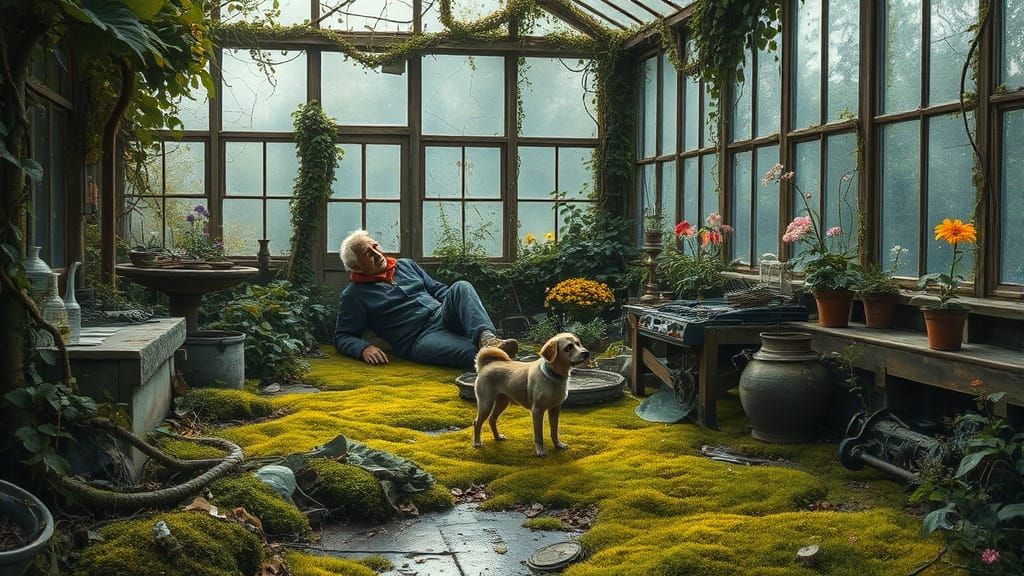 Peaceful Gardener Resting in Overgrown Greenhouse