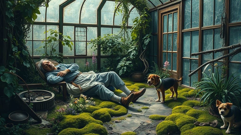 Gardener Resting in Overgrown Greenhouse: Painterly Realism
