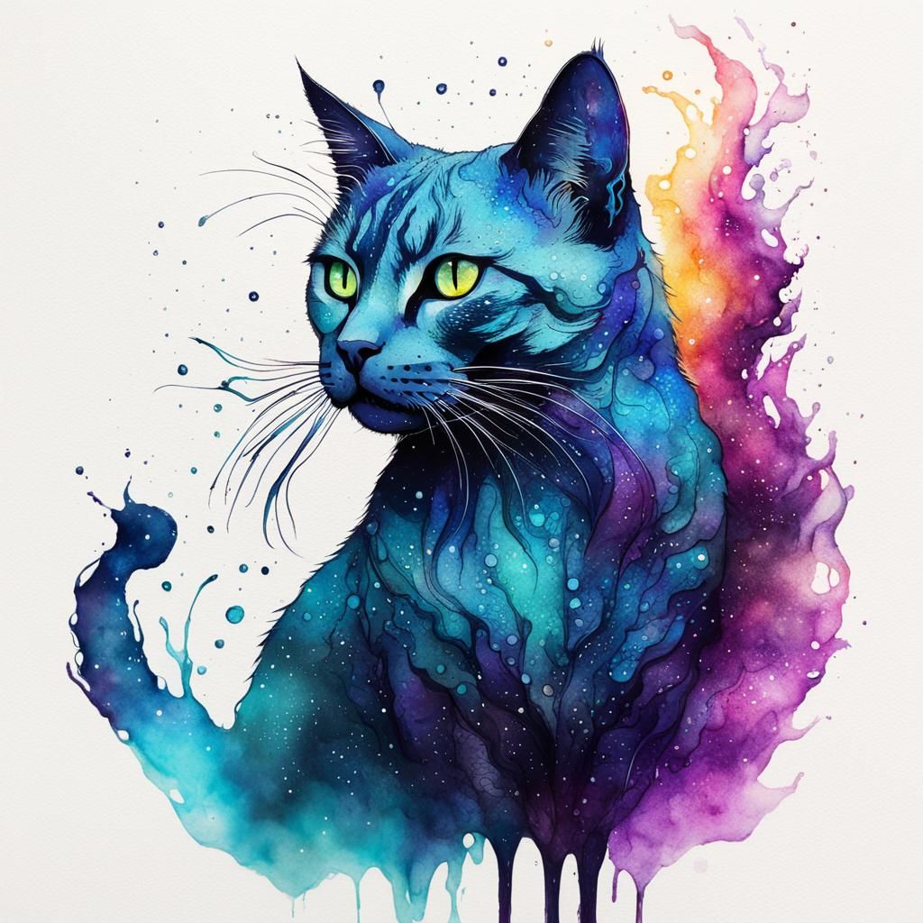Mystical Ink Cat Fantasy Illustration