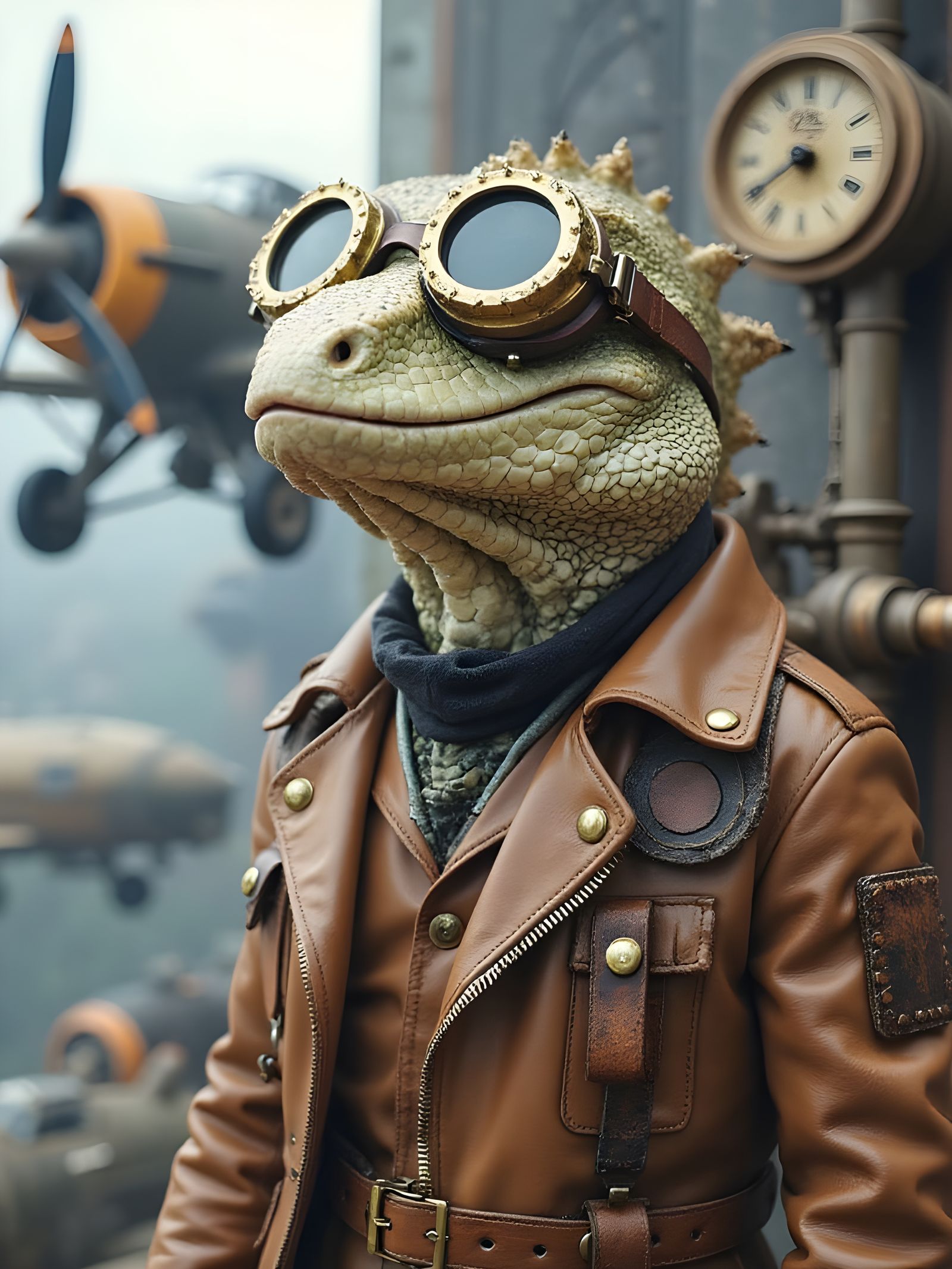 Reptilian Aviator in Steampunk Airship Setting