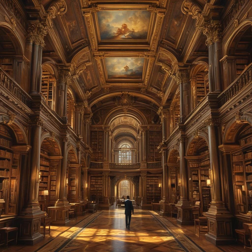 Grand Library Portrait in Beaux-Arts Style, Digital Painting