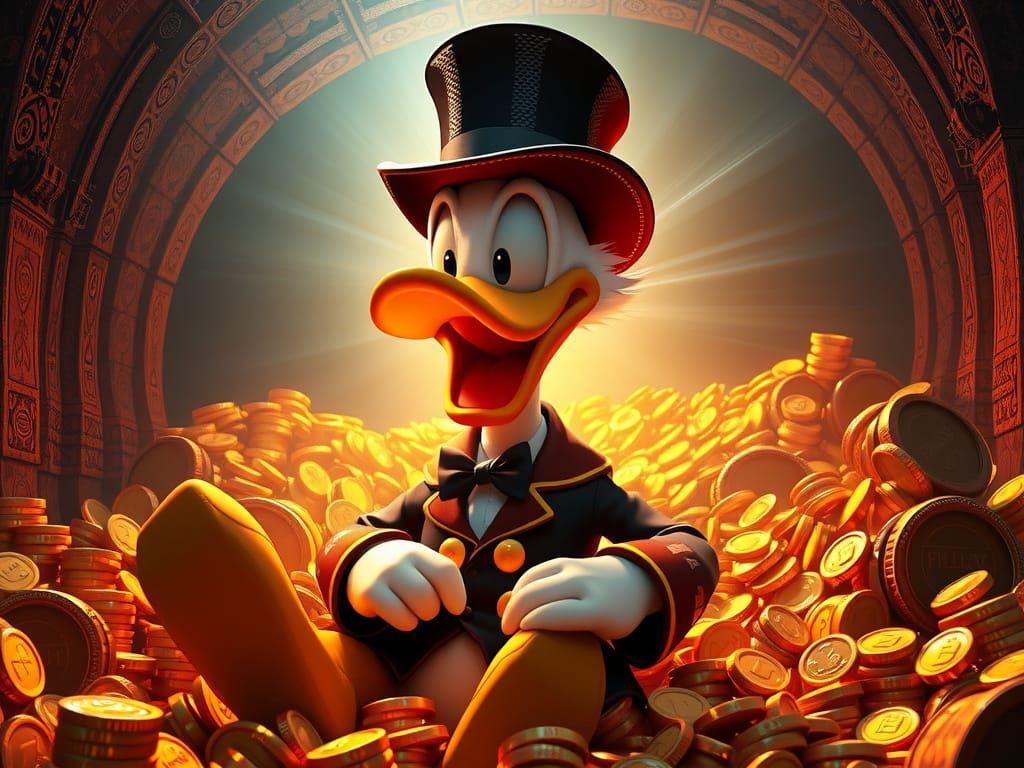 Scrooge McDuck sitting in a vault filled with gold coins