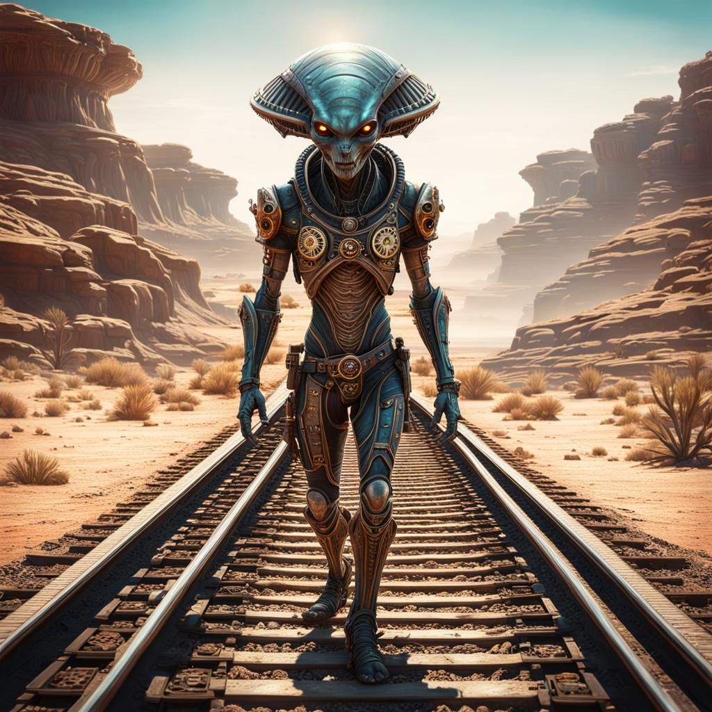 Steampunk Alien Nomad on Desert Train Tracks