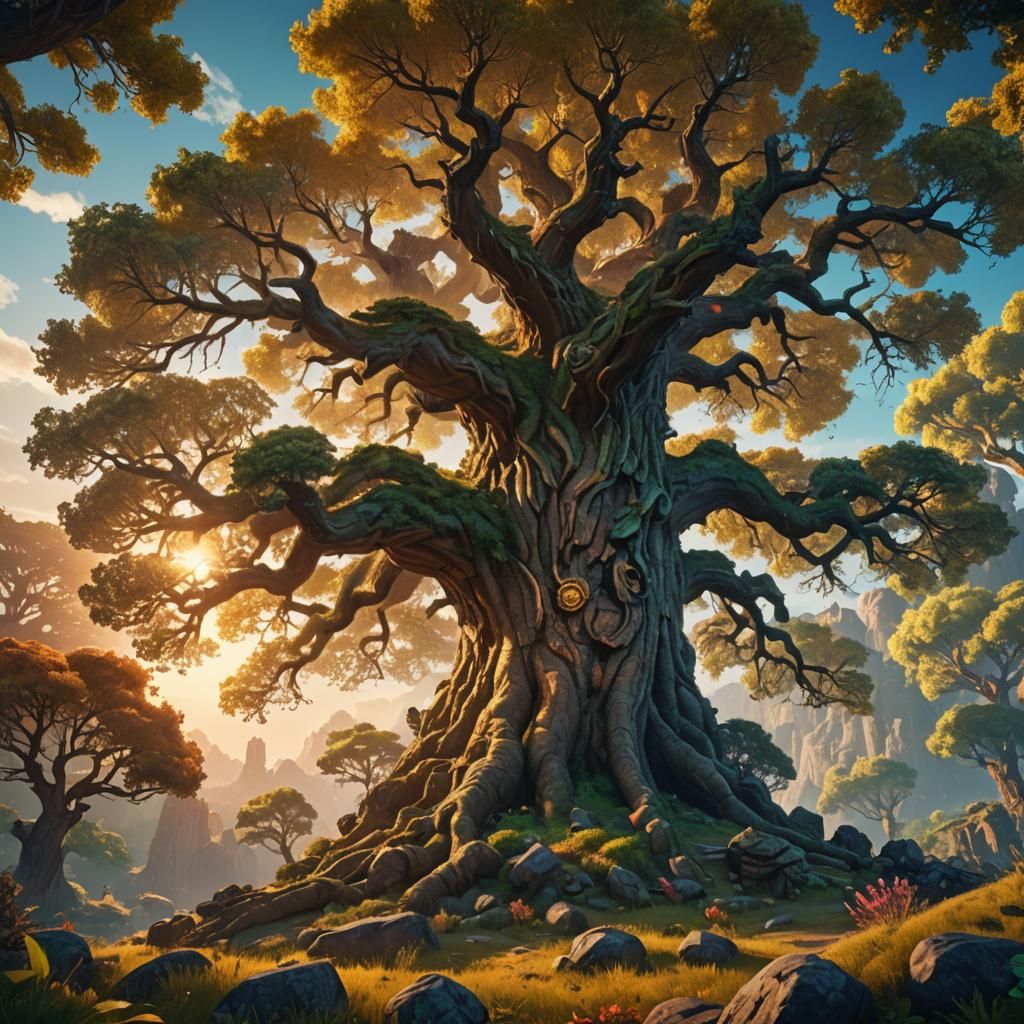 Epic Fantasy Landscape with Ancient Tree in 3D