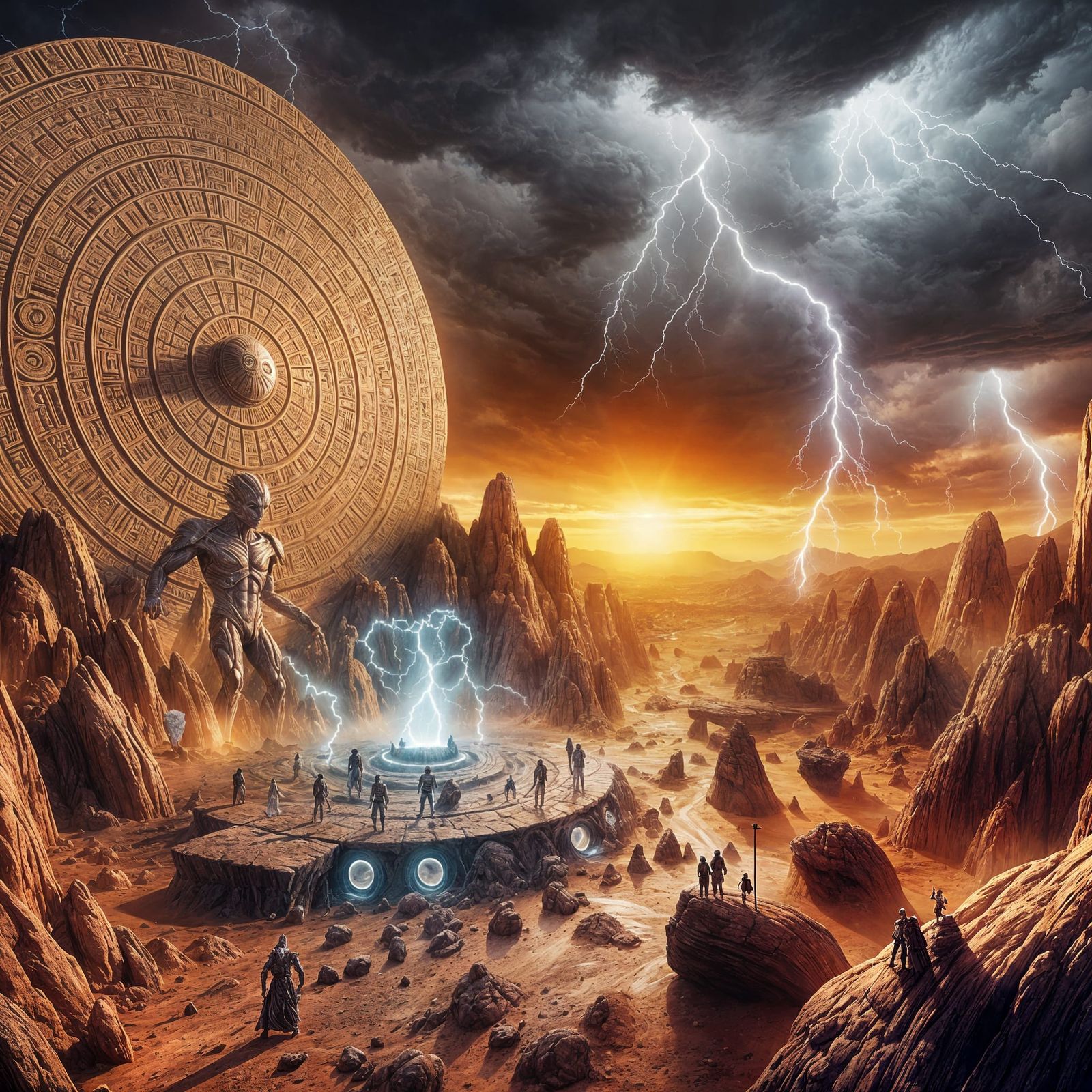 Dramatic Desert Sunset with Alien Inscriptions