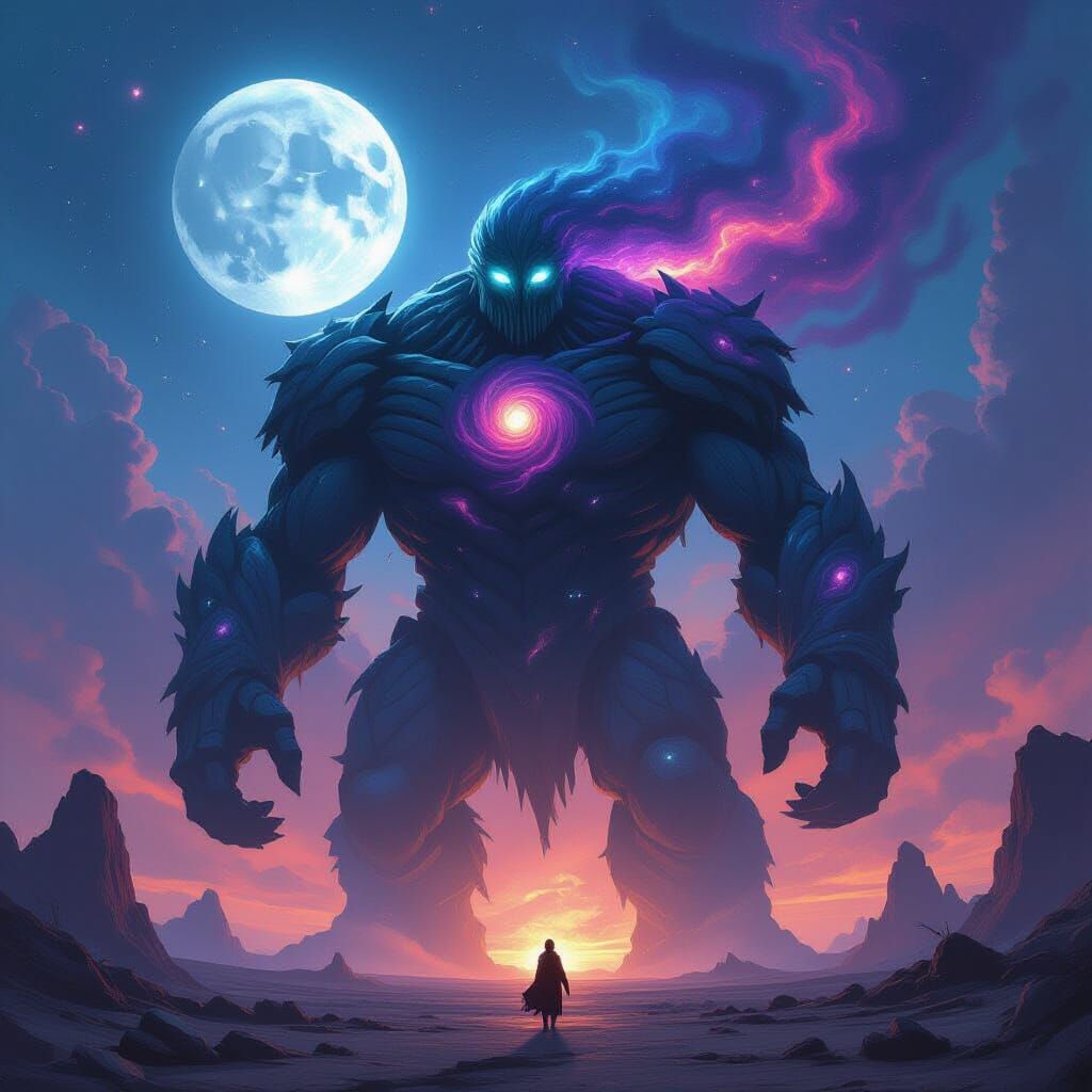 Colossal Nebula Golem Guards Alien Planet in Dark Fantasy St...