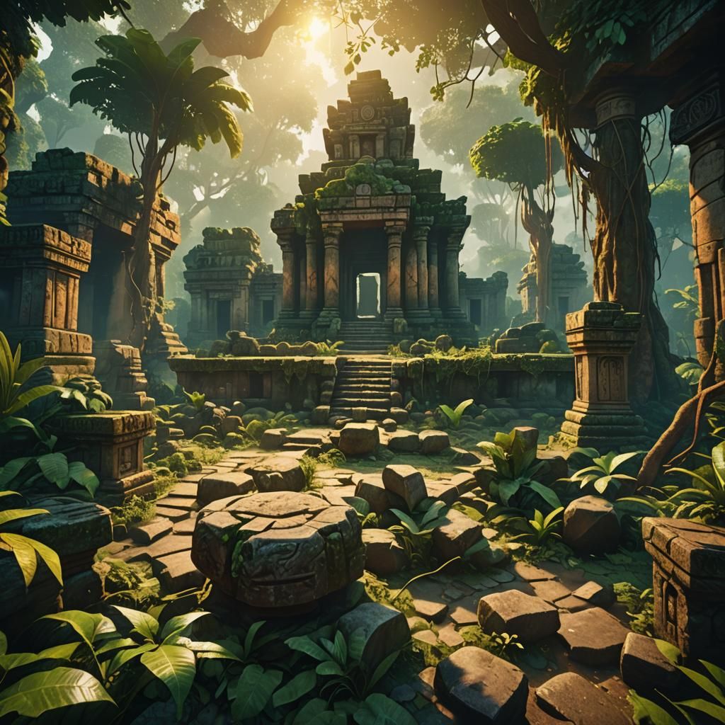 Lush Jungle Ruins with Ancient Artifact in 3D