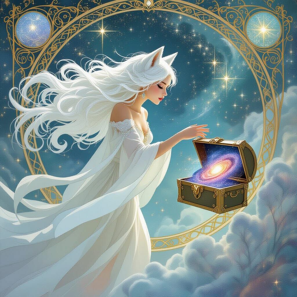 Celestial Woman Reaching for Galaxy Treasure