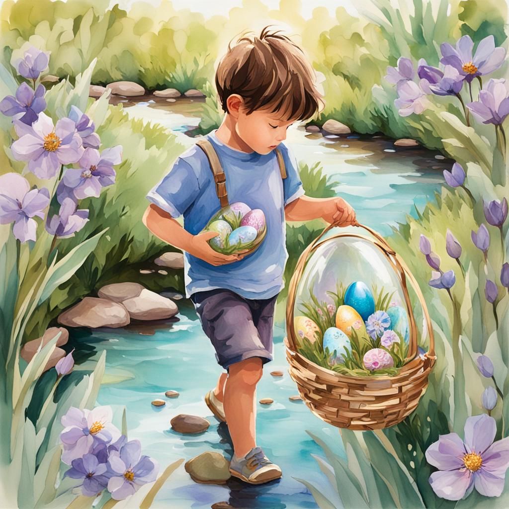 Glass with Flowers and Boy Holding Easter Egg