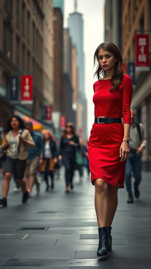 Sad Woman in Red Dress Walking Down City Street