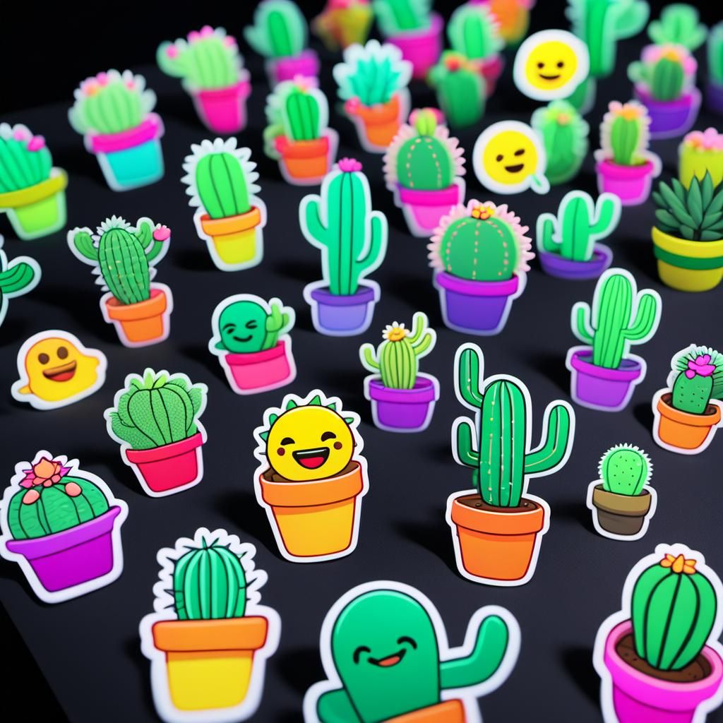 Neon Cactus Emoji Stickers in Minimalist Style