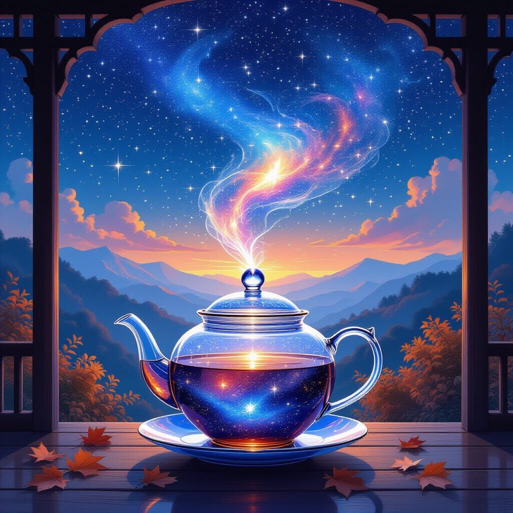 Starlit Autumn Landscape Pours From Crystal Teapot