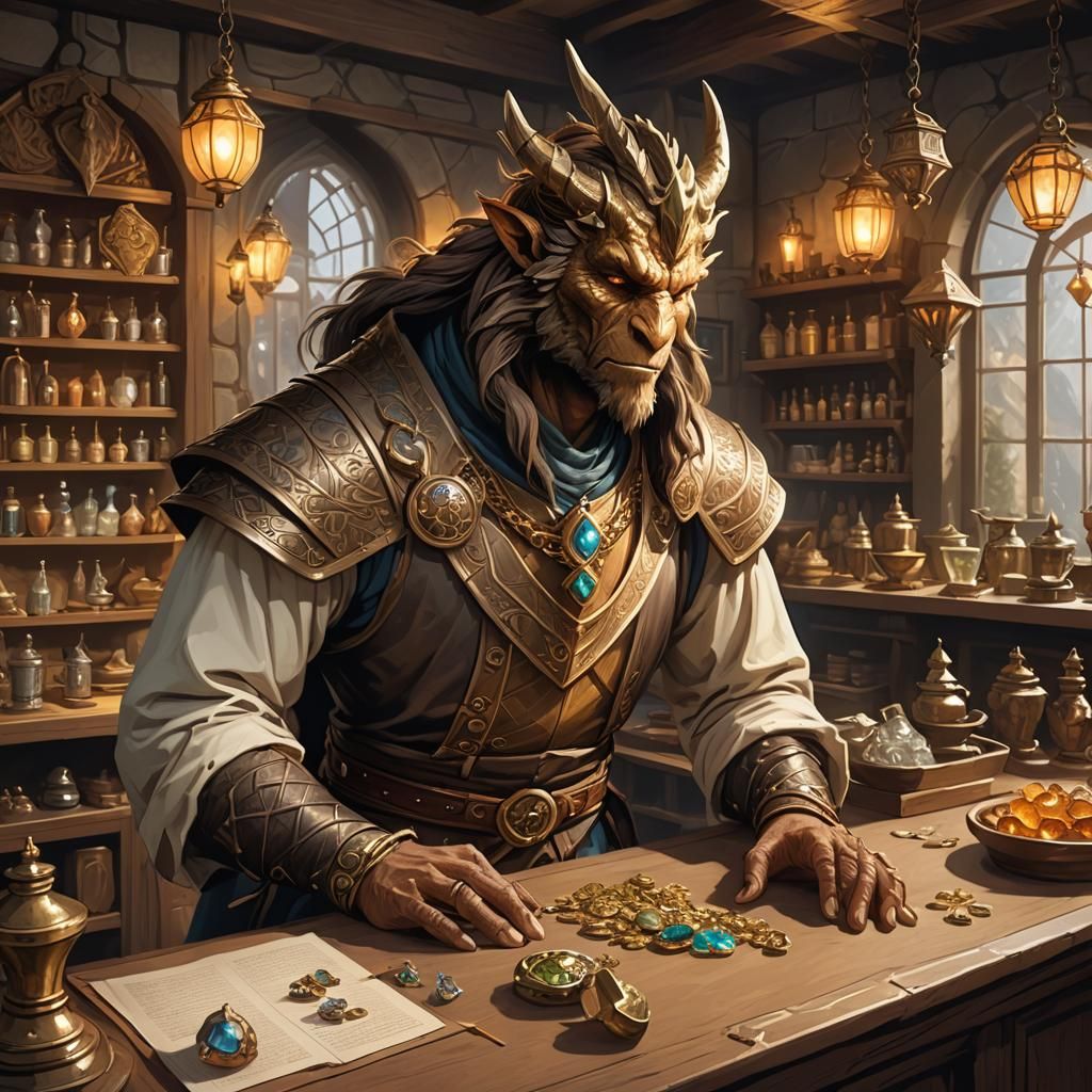 Bronze Dragonborn Jeweler in D&D Style Illustration
