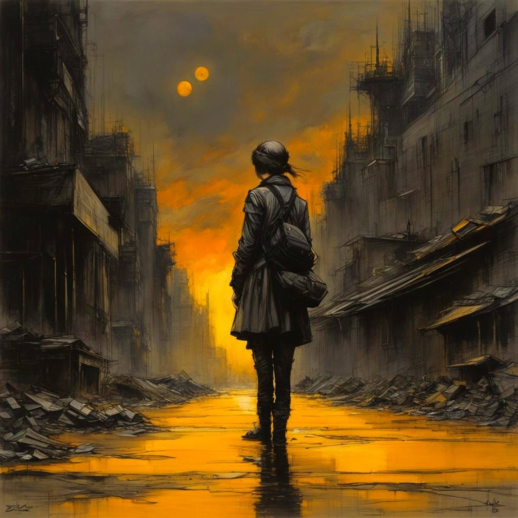 Retrofuturistic Dystopian Landscape with Marygold Flower at ...