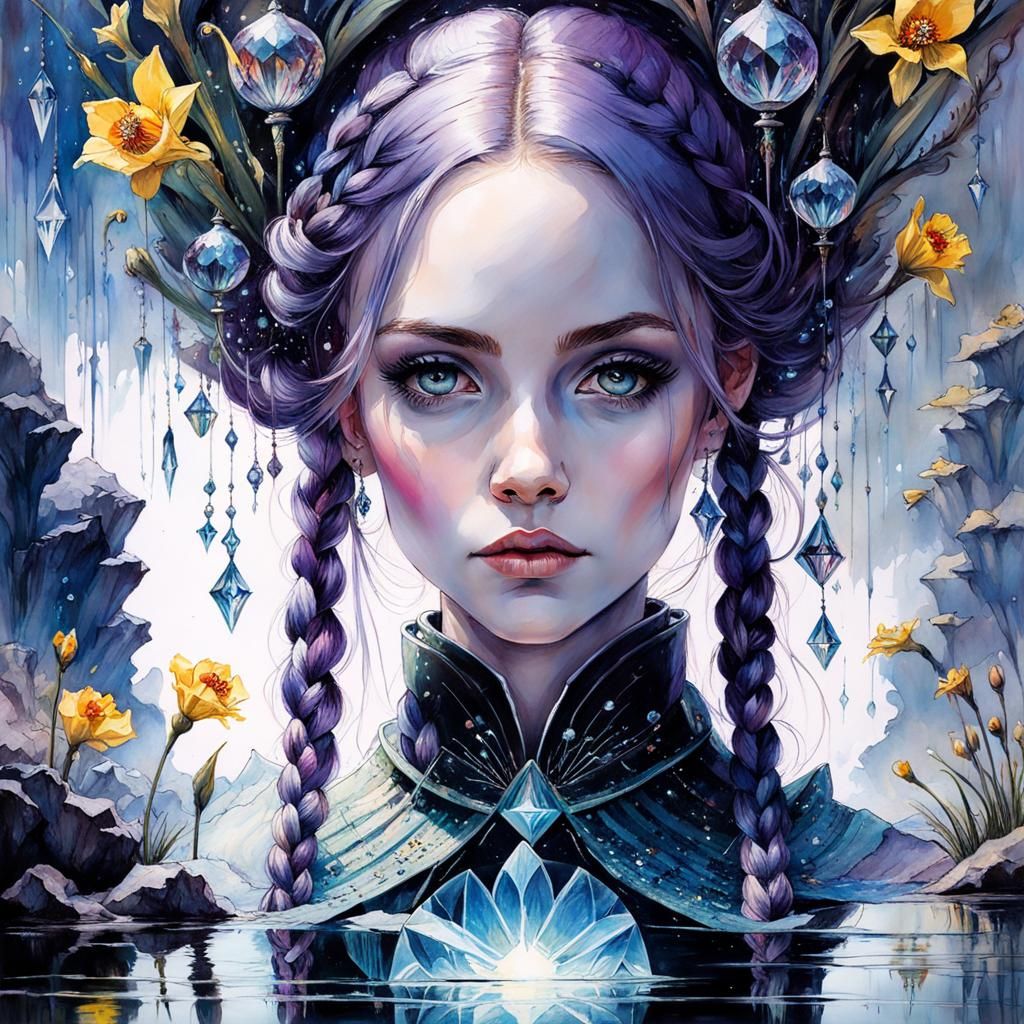 Ornate Princess Reflection in Fantasy Landscape