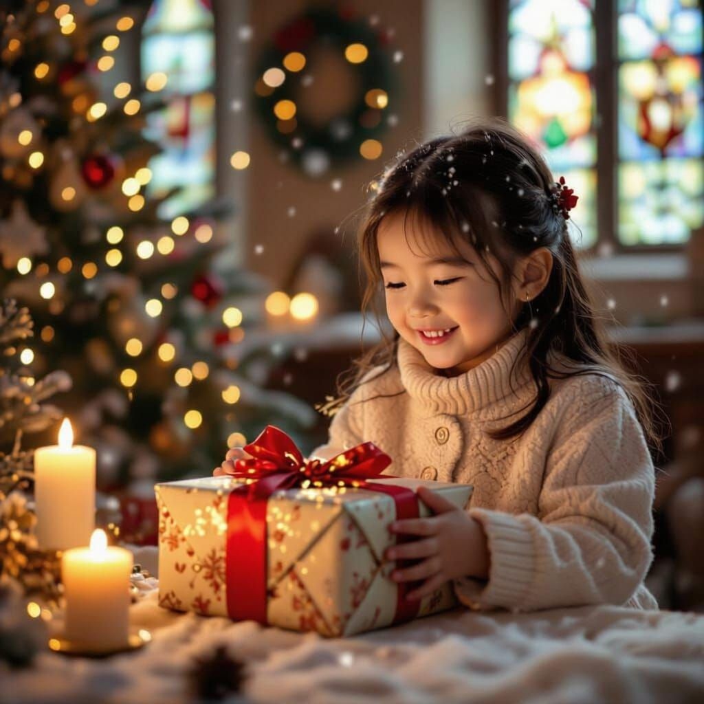 Christmas Joy: Girl Opens Present in Warm Church