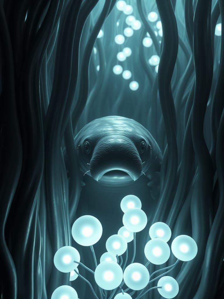 Neon Manatee Hiding in Bioluminescent Kelp Forest