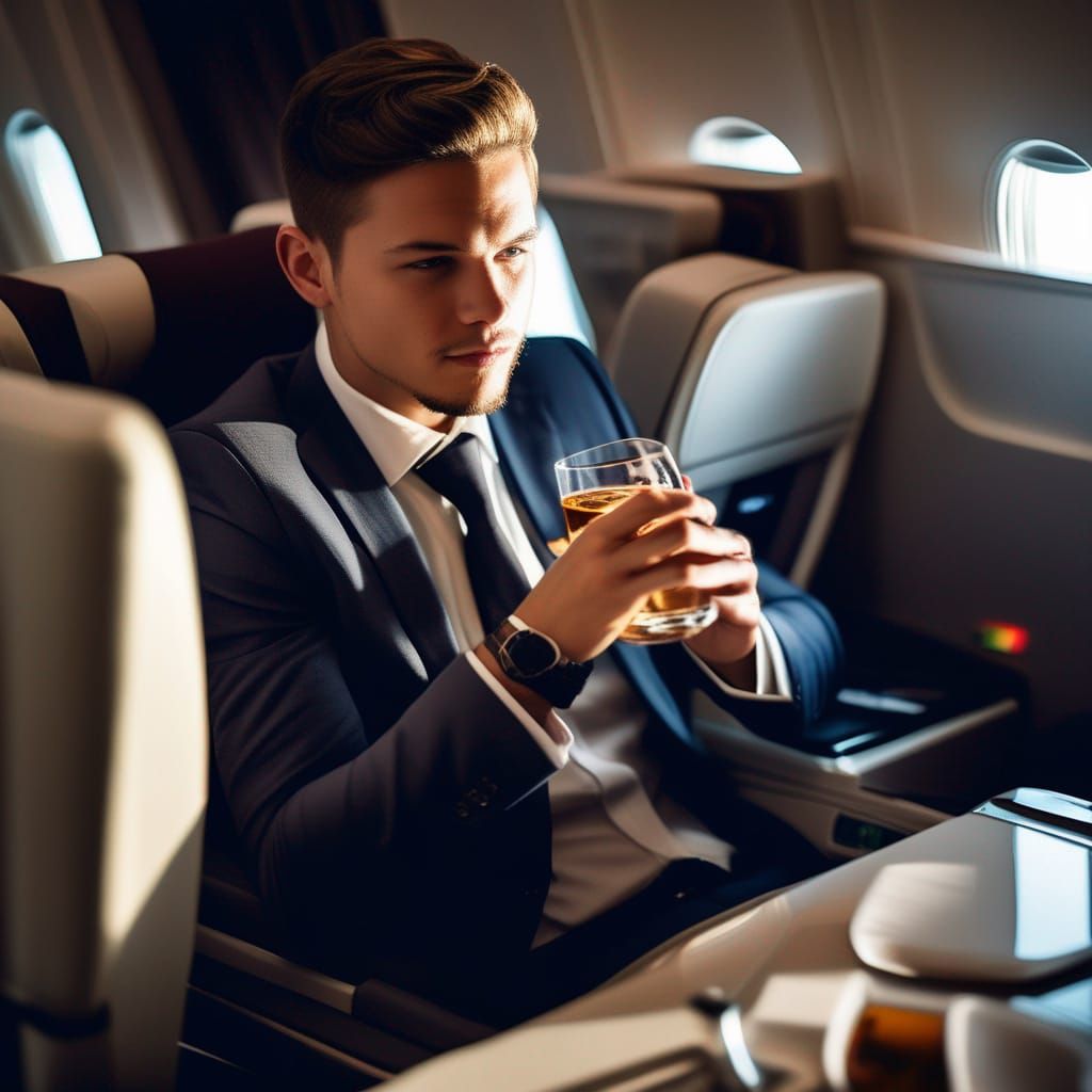 Young Man Enjoying Whiskey in Business Class