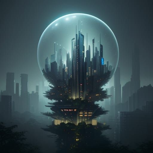 Surreal Futuristic Cityscape in a Bioluminescent Sphere