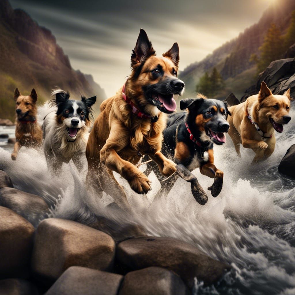 Dogs Running Through Mountain River, Hyperrealistic
